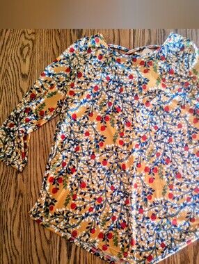 NWT PETITE ladies Top By SJS, Goldish Color, Red Fruit  pattern ,sz Petite M